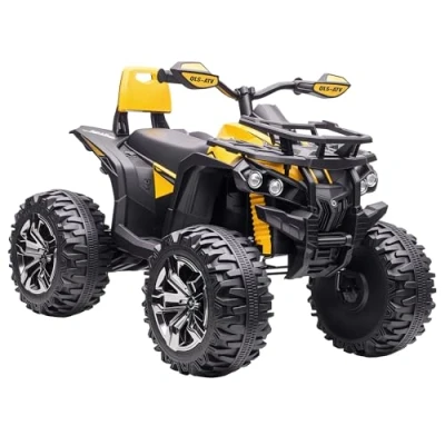 Image de HOMCOM Voiture 4x4 Quad Buggy électrique Enfant 12 V 8 Km/h Max. Effets Lumineux sonores Selle avec Dossier Porte Bagage Avant métal PP Jaune Noir