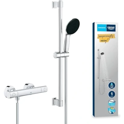 Image de GROHE Precision Get Mitigeur Thermostatique Douche, Ensemble de Douche 1 jet avec barre 60cm, Economie d&#039;eau, A coller QuickGlue ou à visser, Chromé, 34856000
