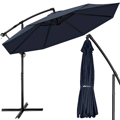 Image de tillvex Parasol déporté hexagonale 3M50 avec manivelle, couverture &amp; paravent Pare soleil pied Protection UV en aluminium pour le jardin à manivelle marché déperlant (Bleu)