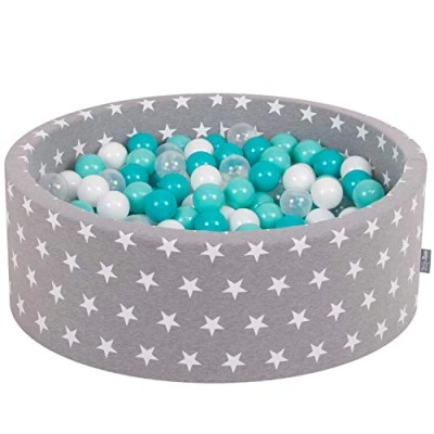 Image de KiddyMoon 90X30cm/200 Balles ∅ 7Cm Piscine À pour Bébé Rond Fabriqué en UE, Étoiles Blanc Gris:Turq Clair/Blanc/Transp/Turq