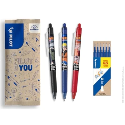Image de Pilot x Naruto 3 Stylos FriXion Ball Clicker, Noir, Bleu, Rouge + 1 Set de 6 recharges bleues effaçables Edition limitée Shipudden rollers rétractables Pointe moyenne