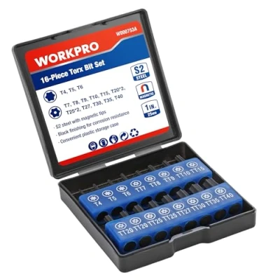 Image de WORKPRO Jeu de 16 Embouts Torx en Acier S2 Magnétiques 25mm avec Tige Hexagonale Universelle 1/4&#039;&#039;, Étui Rangement Inclus