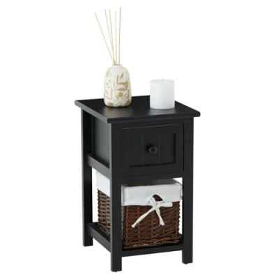 Image de IDIMEX Table de Chevet Messina Nuit en Bois Noir avec 1 tiroir et Panier Osier Insert Tissu Blanc