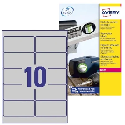 Image de Avery Espagne L6012 20. Boîte de 200 étiquettes argent en polyester 96 x 50,8 mm A4