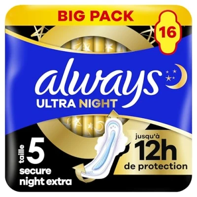Image de Always Ultra Serviettes Menstruelles Secure Night Extra (taille 5) Avec Ailettes 16 Serviettes, Super Absorbantes Et Fines, Pour Règles
