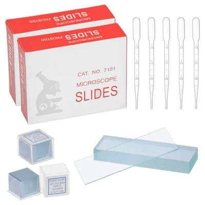 Image de QWORK® 50 pièces lames de microscope pré nettoyées et 100 lamelles avec 5 compte gouttes en plastique