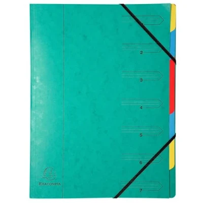 Image de Exacompta Réf. 54073E Carton de 12 trieurs dos agrafé avec élastiques couverture imprimée en carte lustrée et intérieur recyclée 7 compartiments dim 24,5 x 32 cm pour A4 vert
