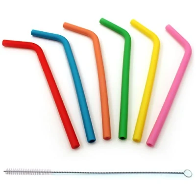 Image de igadgitz U6544 Home Pailles Courbées Réutilisables en Silicone sans BPA avec Brosse de Nettoyage Lot 6
