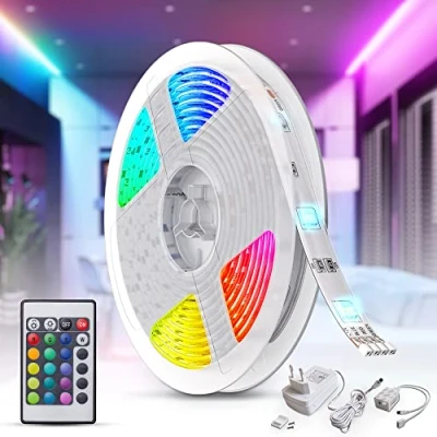 Image de B.K.Licht ruban LED multicolore 5m, guirlande lumineuse dimmable avec télécommande, auto adhésif, lumière décorative blanche et multicolore, éclairage intérieur, 24W, longueur 5m