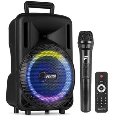 Image de Fenton FT08LED MK2 Enceinte Soirée Bluetooth LEDs avec Batterie Intégrée 300 Watts, Micro UHF Inclus, Modes Lumineux, 8 Pouces, Une Nomade Idéale pour Animer Vos Soirées