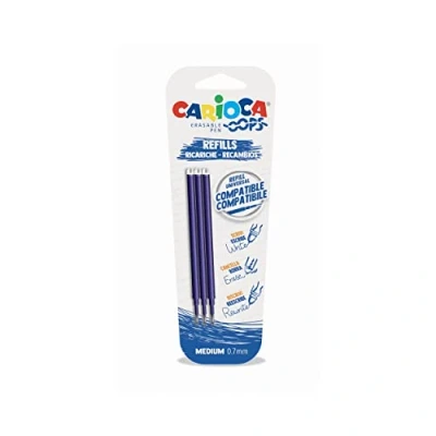 Image de Carioca Oops Stylo Effaçable Bleu Rechargeable, Recharge Compatible, Encre Sensible à La Température, 3 Pièces, Couleur