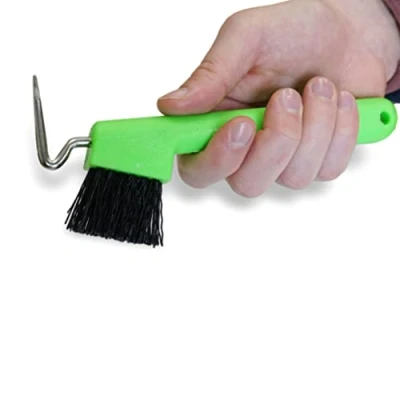 Image de Grattoir pour chevaux, ânes, chèvres, sabots avec brosse extra stable et poignée ergonomique (vert fluo (1 x ))