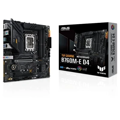 Image de ASUS TUF gaming B760M E D4 Carte mère Intel B760 LGA 1700 mATX (DDR4, PCIe 4.0, 2 x M.2, 10+1 DrMOS, 2.5Gb Ethernet, M.2 pour Wi Fi ready, DisplayPort, HDMI, USB 3.2 Gen 2, Arua Sync RGB)