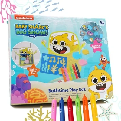 Image de Toyland® Baby Shark Bathtime Playset avec Memory Match Game &amp; Crayon Stencil Set Jouets de Bain Convient à partir 3 Ans