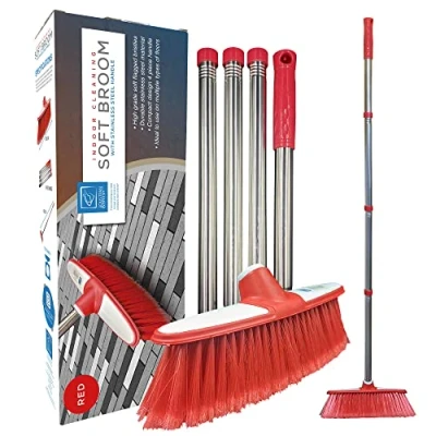 Image de Brosse de balayage douce d&#039;intérieur avec multi sections en acier inoxydable à long manche maison poils doux pour nettoyer les sols la et cuisine Rouge