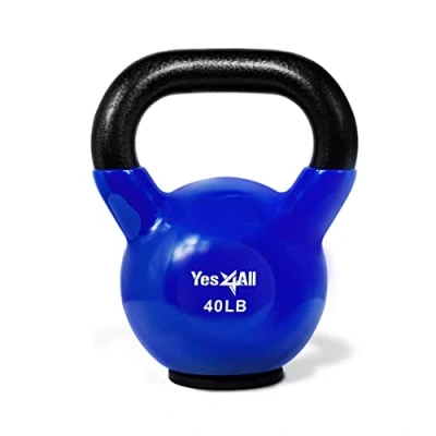 Image de Yes4All BP5K Kettlebell en fonte recouvert de vinyle avec base protection caoutchouc, bleu, 18 kg