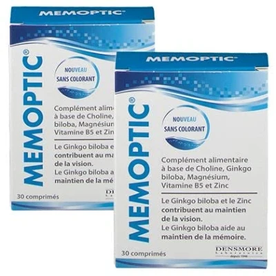 Image de Memoptic Complement alimentaire Densmore Ginkgo biloba Choline Magnesium Vitamine B5 et Zinc Lot de 2 Boites 30 Comprimés