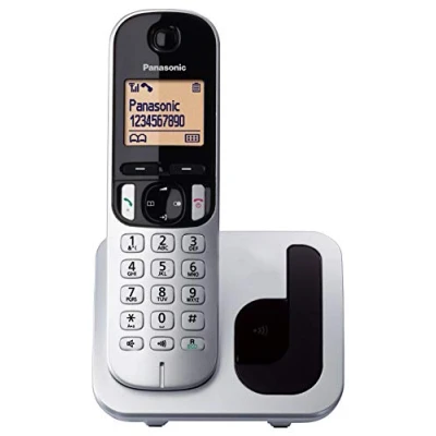 Image de Panasonic Téléphone fixe sans fil avec écran LCD, identification de l&#039;appelant, répertoire téléphonique à 50 numéros, touche navigation, mode ECO, réduction du bruit TGC21 Solo (KX TGC210) Argent