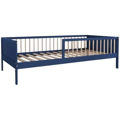 Image de Lit ADAM pour enfant, de dimensions 190x90cm, avec sommier à lattes Structure en bois bleu foncé, facile monter une excellente option concevoir chambre d&#039;enfant vivante et conviviale.