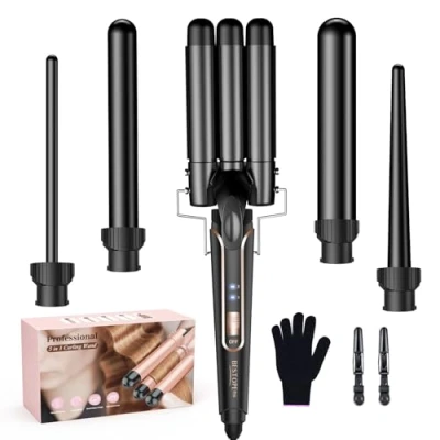 Image de BESTOPE PRO Ensemble de bigoudis en fer ondulé 5 1 3 barils pour grandes boucles sans céramique avec différents accessoires Réglage la température, Noir