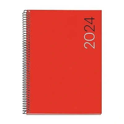 Image de Miquelrius Agenda annuel 2024, semaine vue verticale, taille plus 155 x 213 mm (similaire A5), couverture souple polypropylène, reliure spirale, espagnol, anglais et portugais, rouge