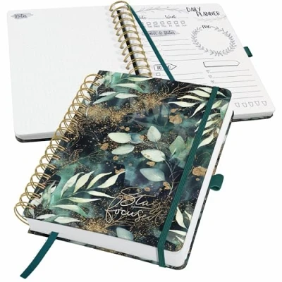 Image de SIGEL JP203 Jolie Agenda de la journée sans date, Glamorous Leaves, 120 g/m², 16,8 x 21,5 cm, couverture rigide, 240 pages, vert, noir, gold