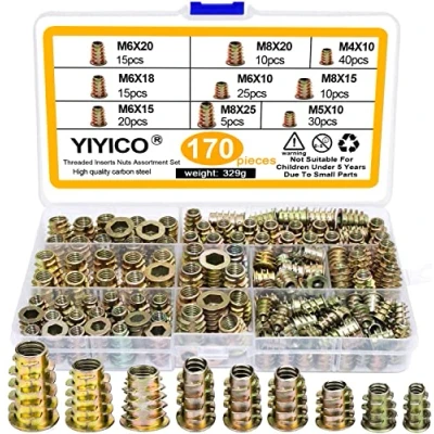 Image de Insert Fileté Bois Inserts Filetés Écrous à Visser Douille M4 M5 M6 M8 M10 170Pcs Manchons Alliage de Zinc pour Meubles en Bois, avec Boîte Plastique (170)
