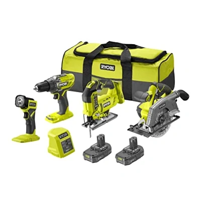 Image de RYOBI Combo 4 outils 18volts ONE+ : perceuse + scie sauteuse circulaire lampe LED 2 batteries 2,0 Ah chargeur 1 grand sac de transport