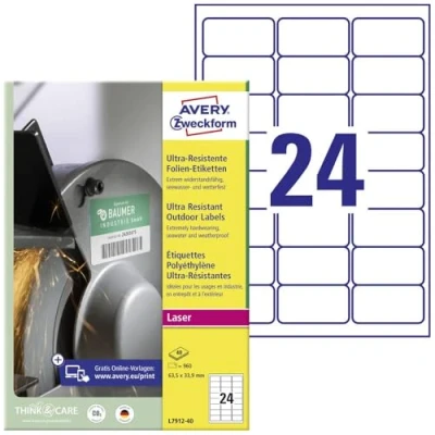 Image de AVERY Zweckform L7912 40 Lot de 960 étiquettes autocollantes ultra résistantes (960 autocollants, 63,5 x 33,9 mm sur format A4, résistantes, pour surfaces difficiles, film adhésif imprimable