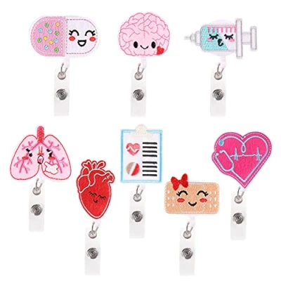 Image de 8 types de clips rouleau badge rétractables, boucles d&#039;identité, poches d&#039;identification en feutre peuvent être utilisées par le personnel scolaire, les infirmières, médecins.