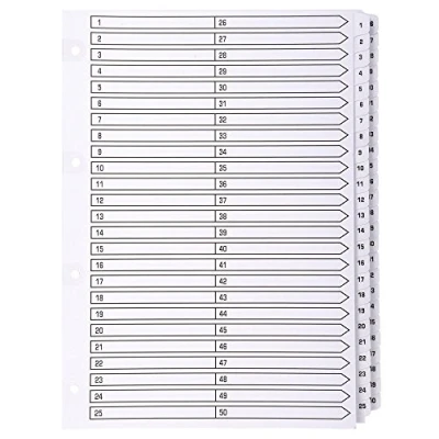 Image de Exacompta Réf. MWD1 50Z Intercalaires en carte blanche 160g/m2 FSC® avec 50 onglets imprimés numériques de 1 à et plastifiés Page d&#039;indexation imprimable Format classer A4