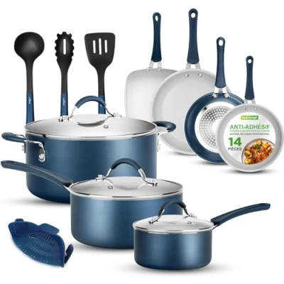 Image de NutriChef Batterie de Cuisine Antiadhésive,Poele et Casserole Induction,sans PTFE/PFOA/PFOS,Résistant à la Chaleur,Comprenant Casseroles,Poêles,Cocotte,Couvercles Ustensiles Cuisine, Bleu 14 Pcs