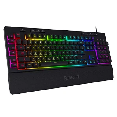 Image de Redragon K512 Shiva RGB Clavier de jeu à membrane rétroéclairé avec touches multimédia, interrupteur linéaire sensation mécanique, contrôle multimédia dédié, repose poignet amovible