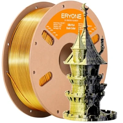 Image de ERYONE Filament PLA Bicolore Double 1,75 mm, pour Imprimante 3D Bobine de 1 kg +/ 0,02 Soie Noir Or