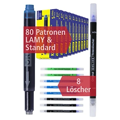 Image de ONLINE 80x cartouches d&#039;encre combi bleu &amp; 8x effaceurs taille standard universelle encre pour stylo plume/roller idéal l&#039;école/lycée/université