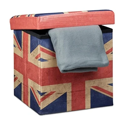 Image de Relaxdays Tabouret pliant coffre de rangement pliable banc stockage avec couvercle amovible 38 x cm pouf en similicuir repose pieds table appoint motifs tendances Angleterre