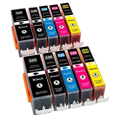 Image de 10 cartouches d&#039;encre compatibles pour Canon Pixma MG5100 MG5150 MG5200 MG5250 MG5300 MG5350 MG6150 MG6250 MG8150 MG8250 ip4800 IP4850 ip4900 IP4950 MX885 (PGI 525BK CLI 526BK 526C 526M 526Y, AVEC PUCE !!!)
