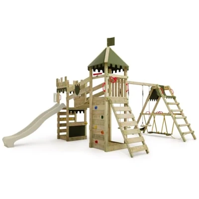 Image de Aire de jeux RiverRun FATMOOSE avec balançoire SurfSwing et toboggan vert sauge