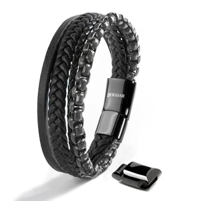 Image de SERASAR Bracelet Hommes 20cm Noir Cuir Bras Bijoux En Pour Tressé Wrap Chaîne Grande idée cadeau