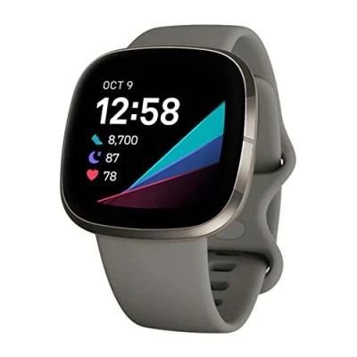 Image de Fitbit Sense, La Montre Connectée Intelligente pour Santé Via des Outils Suivi Cardiaque, Gris Sauge/Argent