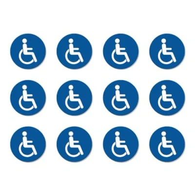 Image de Lot de 12 autocollants 2,5 cm pour personnes EN fauteuil roulant ou handicapées Conforme à la norme DIN ISO 7010 / ASR A1.3