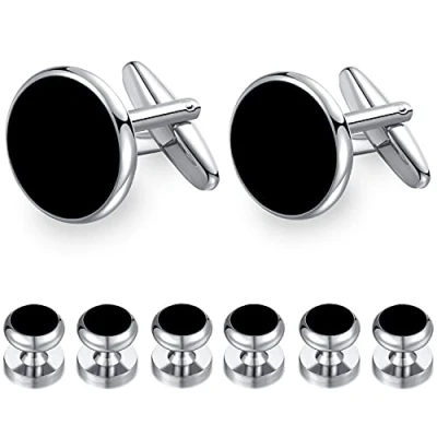 Image de Honey Bear Lot de 6 boutons manchette et goujons argent, onyx noir, pour chemises homme, tuxedo, cadeau mariage