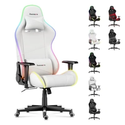 Image de Chaise Gaming HUZARO FORCE 6.2 Blanc LED RVB Ergonomique Coussin Lombaire Têtière Réglable Pivotant