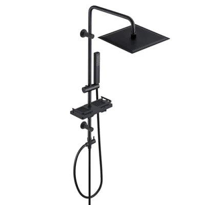 Image de Görbach Colonne de Douche Design avec Fixations Réglables Noir Hydromassante Étagère sans Shampooing Savon Pommeau Pluie Picots Anti calcaire 25x25CM