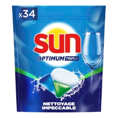 Image de SUN Optimum Pastilles Lave Vaisselle Tout en 1 34 capsules Regular nettoyage impeccable &amp; brillance éclatante tablettes avec action dégraissante