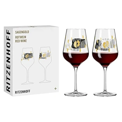 Image de Ritzenhoff Sagengold 3401002 Lot de 2 verres à vin rouge 400 ml avec motif raisin, or véritable, fabriqué en Allemagne, noir,
