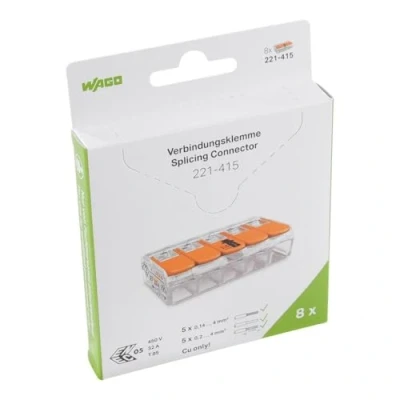 Image de WAGO Lot de 8 bornes connexion 221 415 5 broches Jusqu&#039;à 4 mm² Connecteur câble compact avec levier Pour tous les types conducteurs dans le monde entier Sécurité d&#039;utilisation