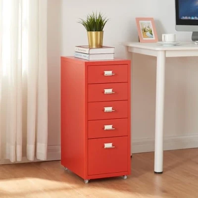 Image de [en.casa] Caisson de Bureau à 5 Tiroirs Meuble Rangement 4 roulettes pour Documents Dossiers Fournitures Acier Laminé Froid 69 x 28 41 cm Rouge