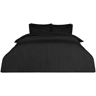 Image de Dreamscene Satin Stripe Housse de Couette avec taie d&#039;oreiller Literie Noir Taille Unique