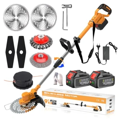Image de Coupe Bordure sans Fil avec Batterie 4 en 1 Debroussailleuse Electrique 21V Débroussailleuse à Brushless 2 Batteries 4.0Ah, Brosse Désherbage et Bobines,Orange,b